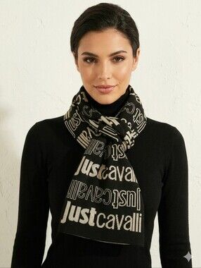 Just Cavalli Black and Cream Logo Glitter Knit Scarf ITALY
